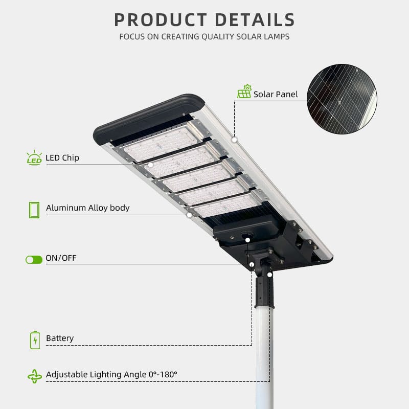 Detalles de luminaria solar All in One con módulos LED y panel integrado